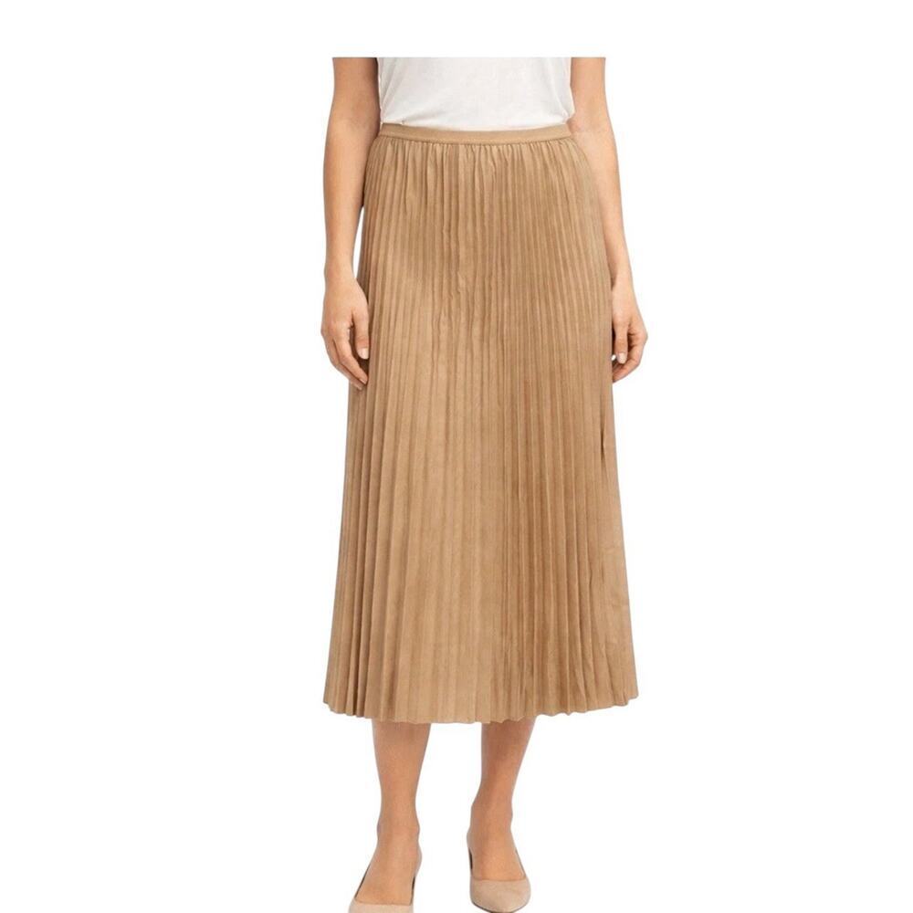 Eileen Fisher Pleated Midi Skirt Biscuit Wool Silk Blend Size L NWT $328